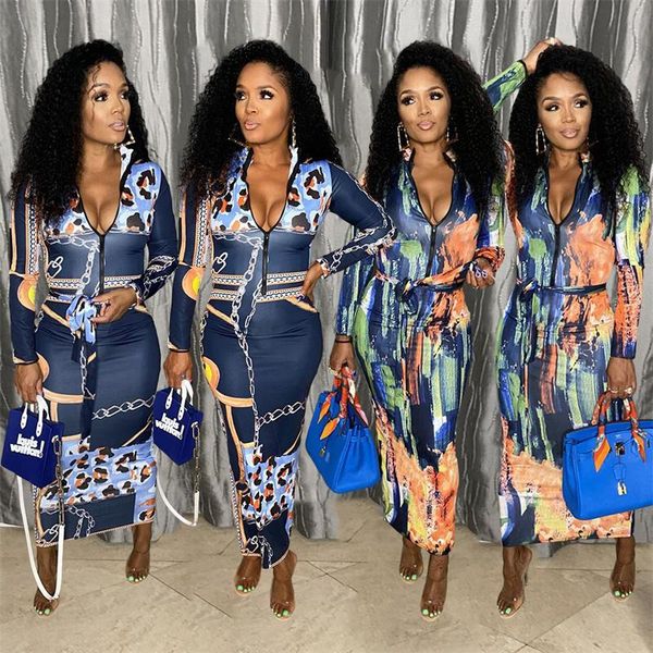 

casual dresses cutubly bodycon with belt long sleeve leopard chain tie dye print dress zipper v neck party club autumn vestidos, Black;gray