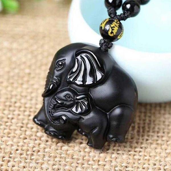 

fine jewelry natrual carved elephant nose god of wealth lucky black obsidian necklace pendant, Black;brown