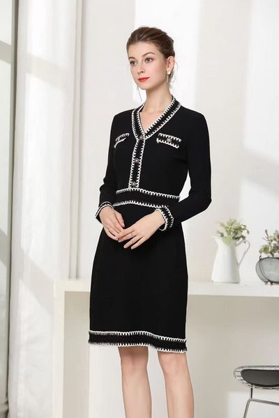 

dresses autumn winter knitted women v-neck white color block buttons deco long sleeve black sweater, Black;gray