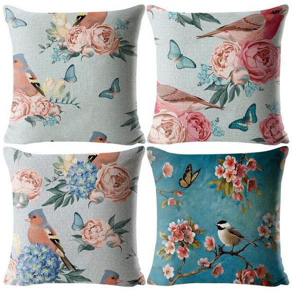 

pillow case 45x45cm vintage decor blue painting flower bird pillowcase polyester cushion cover for sofa car home