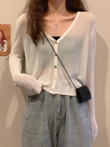 

women's knits & tees summer 2021 woven sunscreen long sleeve thin style with shawl short coat v-neck knitted air conditioner shirt, White