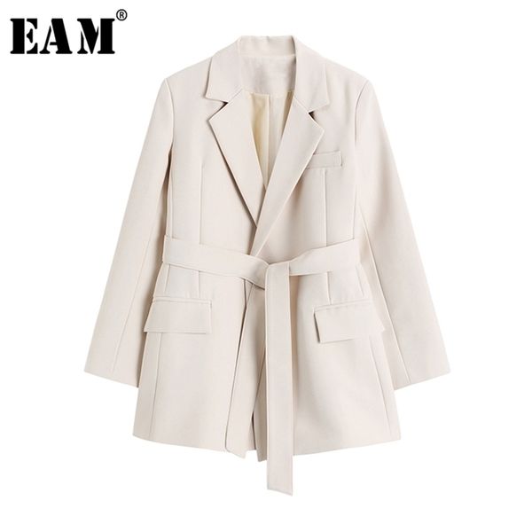 

[eam] women apricot brief bandage leisure blazer lapel long sleeve loose fit jacket fashion spring autumn 1x791 211019, White;black