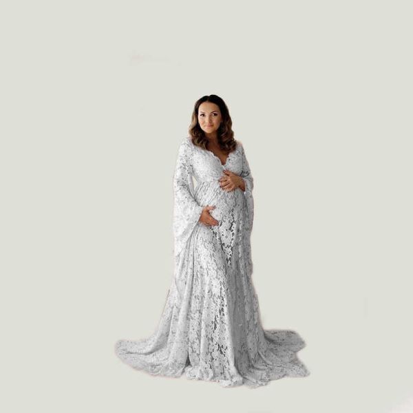 

deep v-neck flare sleeve lace perspective loose split tail dress, White