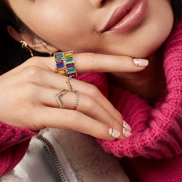 

wedding rings rainbow luxury women's colorful micro inlaid zircon finger ring engagement fashion party jewelry gift for women, Slivery;golden