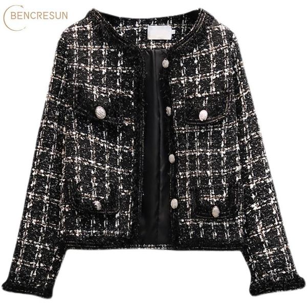 

women's jackets women fashion plaid patchwork jacket checked tweed coat khaki black long sleeve button frayed trim outerwear chic autu, Black;brown