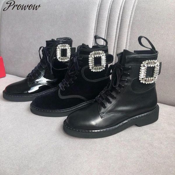 

boots ollymurs women ankle luxury design crystal buckle decor short runway winter riddding zapatos mujer, Black