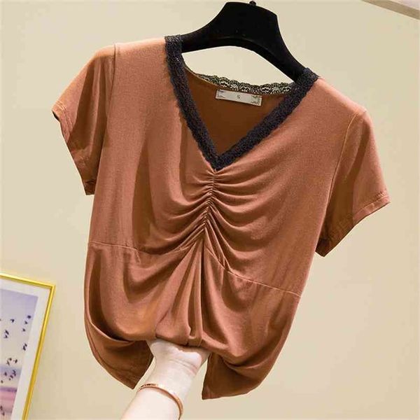 T-shirt da donna con scollo a V T-shirt nera Femme T-shirt manica corta Top Tshirt Summer Cotton Lace Patchwork Fold 210507