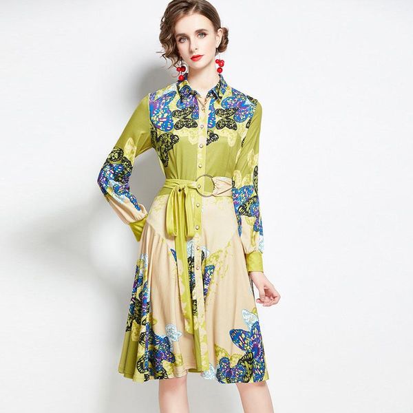 

casual dresses spring fashion designer print runway dress long sleeve womens clothing shirt collar aline robe femme green vestidos, Black;gray