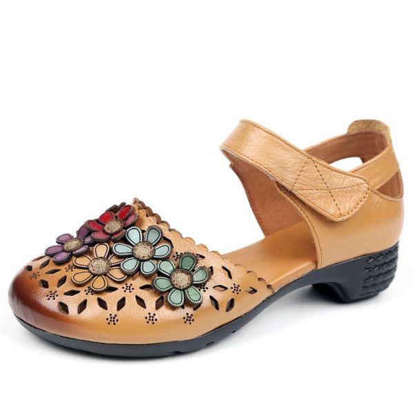 

sandals swonco genuine leather summer shoes women flower 2021 female casual yellow/purple hallow, Black
