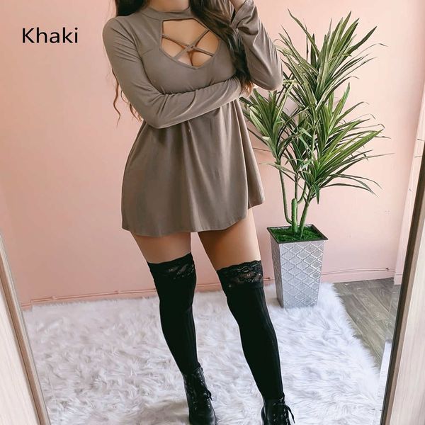 

women's long sleeve v-neck cross back dress short skirt clothes, White