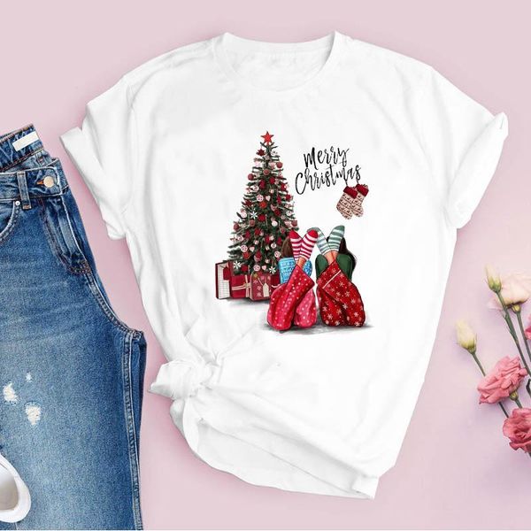 

women's t-shirt tees for women print gift tree holiday happy time cute merry christmas ladies clothes lady clothing female t shirt, White