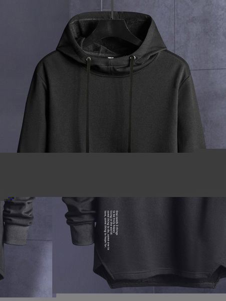 

men slogan graphic irregular hem drawstring hoodie a8us#, Black