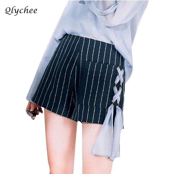 

women's shorts qlychee stripe print lace up pocket loose sweet women spring summer casual female streetwear, White;black