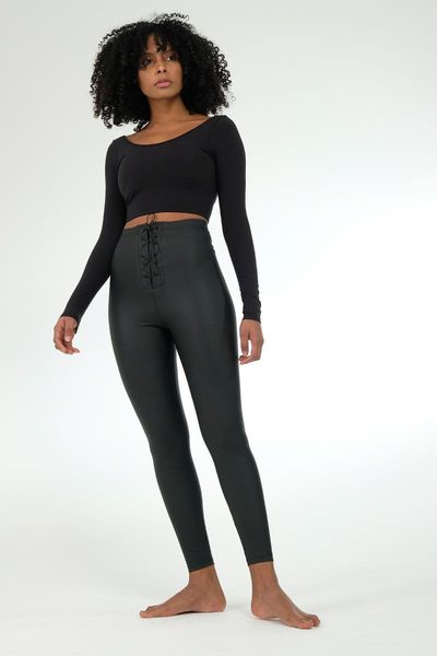 

front lace-up matte leather looking leggings running pants, Black;blue