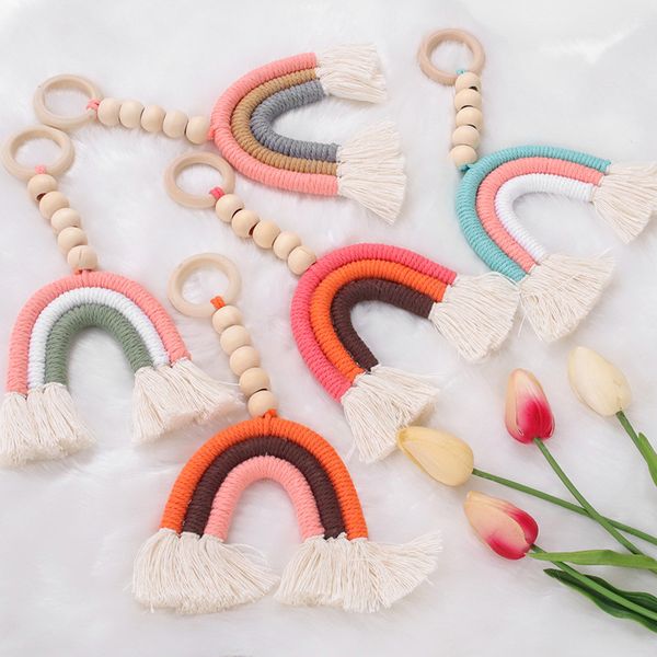 

rainbow decor ring wooden beads garland tassel wall hanging ornaments handmade woven cotton rope tapestry for nursery kids bedroom