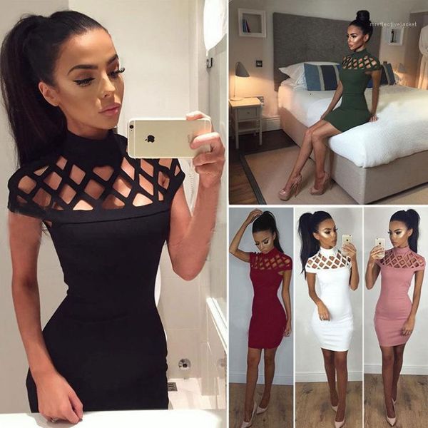 

casual womens hollow out high neck dress ladies bodycon slim short sleeve pencil mini dresses fashion, Black;gray
