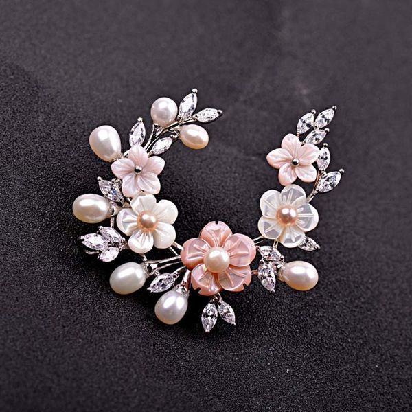 

red trees flower brooch pin for women wedding gift bridal jewelry with freshwater pearl & cubic zircon, Gray