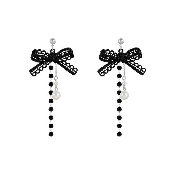 Orecchini a bottone lunghi con nappe Orecchini a fiocco nero Orecchini di tendenza alla moda selvaggia Gioielli coreani per le donne Bel regalo