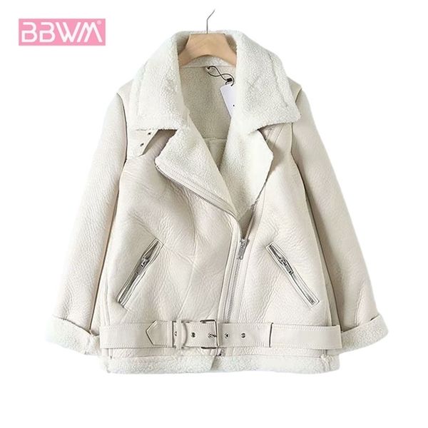 Za Piel de manga larga Cinturón suelto Cálido Chaqueta de mujer Lana de cordero Invierno Engrosado Locomotora Solapa Abrigo femenino Beige Negro Chic PU 211014