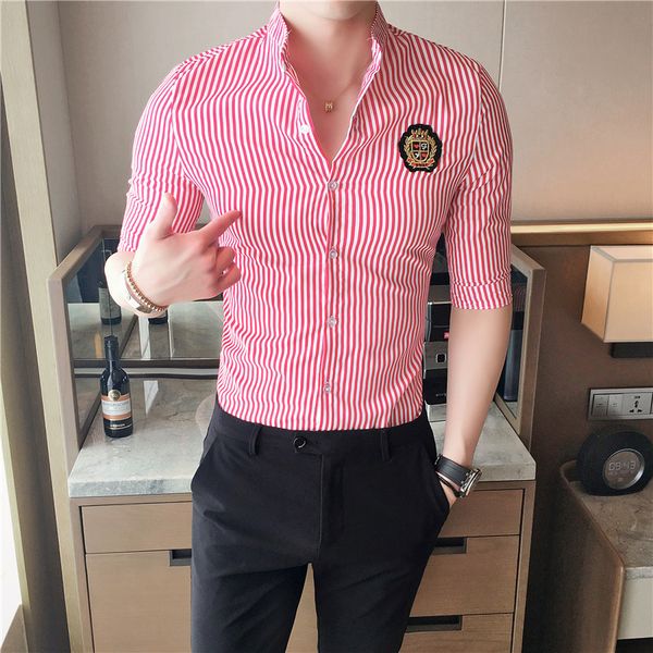 

stripe shirt half sleeve slim fit men summer shirts chemise homme manche court camisetas masculina camicia uomo 200925, White;black
