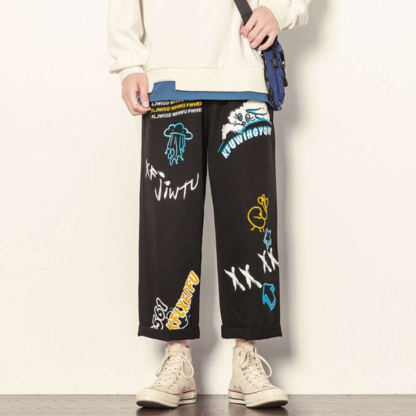 

men's pants autumn style big size graffiti straight han loose casual 2uwt, Black
