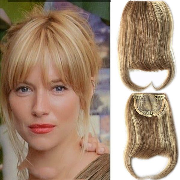 

27p613 blonde mixed brown color brazilian human clip-in bangs full fringe short straight hair extension for women 6-8", Black