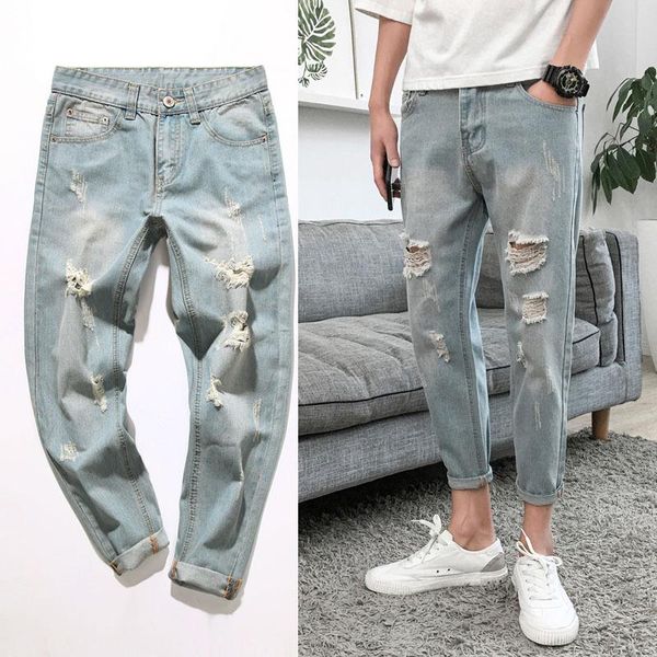 Jeans masculinos 2021 Moda Lavagem casual retro Bigode azul claro