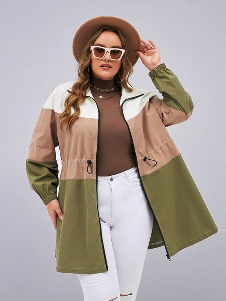 

plus colorblock drawstring waist coat r6sx#, Black