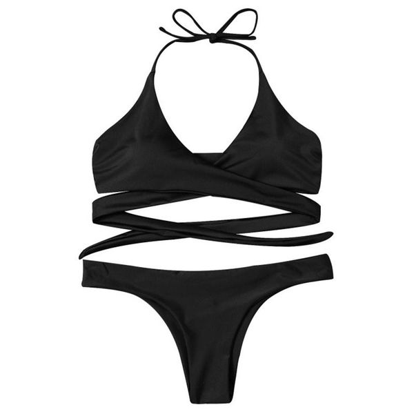 

women's swimwear solid bikini 2021 swimsuit women halter lace up wrap around black red set summer bather bathing suit swim, White;black
