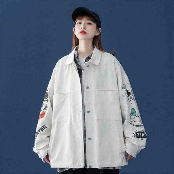 

fall 21 anime print loose long sleeve single breasted jacket lapel outer hem neutral w196-p83, Black;white