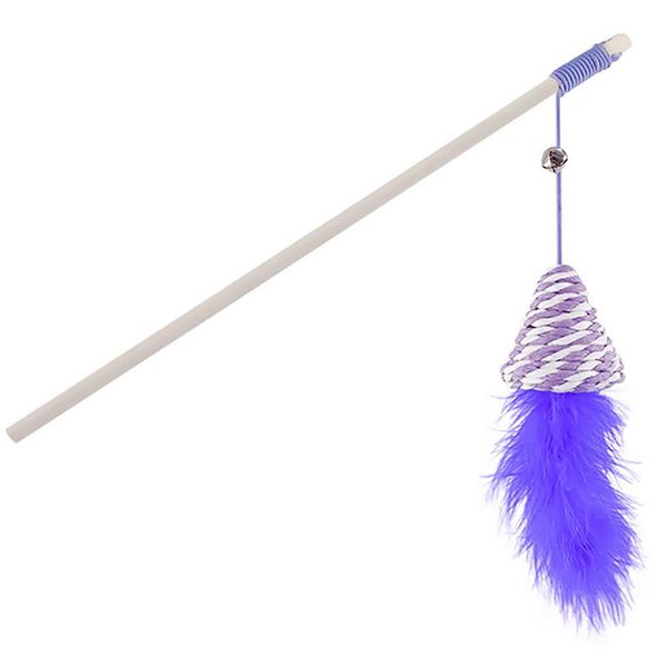 

interactive purple cat wand fun fake feather wooden pole with bell kitten teaser pet toy playing funny porcelain toys