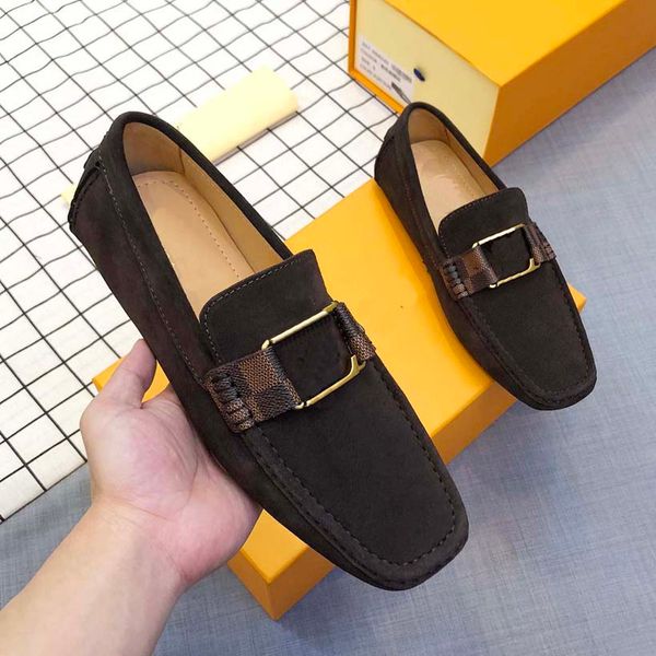 

classic mens shoes brand flat casual shoe business office oxfords genuine leather designers metal buckle suede loafers with box, Black
