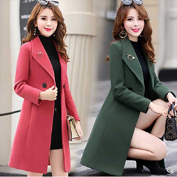 

women's trench coats 2021 autumn and winter style regular jacket suit collar double-breasted mid-length solid color woolen coat women, Tan;black