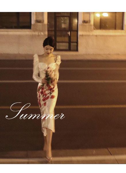 

rain wear floral dress autumn elegant white french style retro square collar puff sleeve fishtail skirt