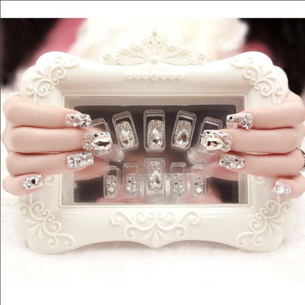 

pcs/set french long fake nail diamond decoration pearl ladies false full nails1