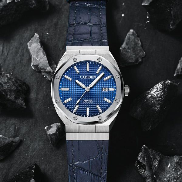 

luxury automatic mechanical watches men fashion brand leather watch man 100m waterproof blue dial wristwatch wristwatches, Slivery;brown