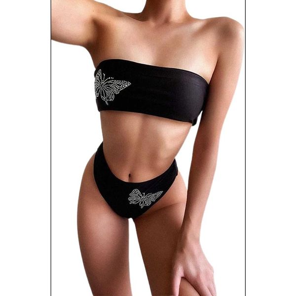 

one-piece suits women 2pcs bikini set strapless butterfly rhinestone swimsuit bathing suit