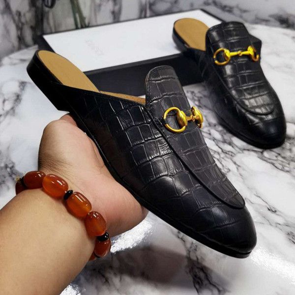 

leather men slippers soft cowhide lazy kanye paris sliders metal buckle beach mules princetown classic lady size 36-45, Black