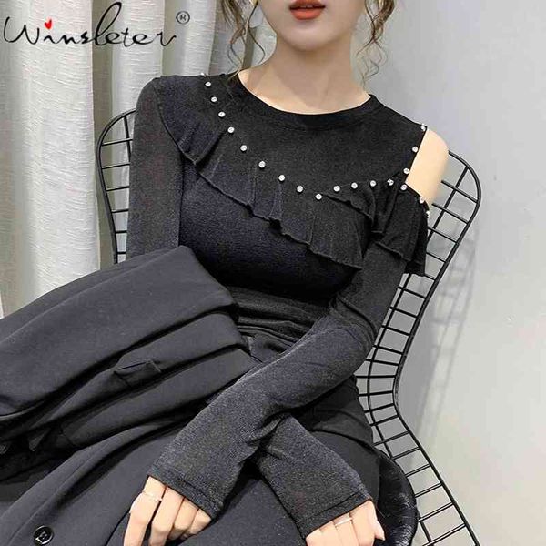 

women's t-shirt women spring/fall long sleeve cold shoulder casual shiny crystal tee shirt feminino camisa t07610b, White