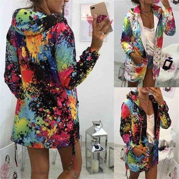 Jaqueta de Bomber Casaco Mulheres Laço Colorido Tingimento Imprimir Bolso Zíper Com Capuz Sweatshirt Outwear Casual Windbreaker Slim Overcoat 210922