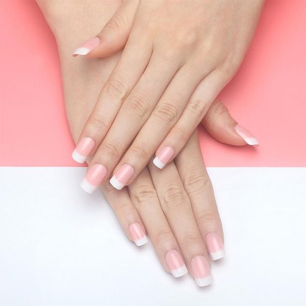 

false nails 24pcs short french nail natural nude white tip wearable full cover artificial fake manicure tool with press glue, Red;gold