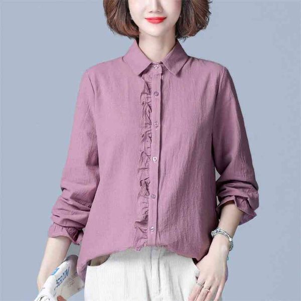 

autumn fashion women long sleeve loose shirts all-matched casual turn-down collar cotton linen blouse plus size s215 210512, White