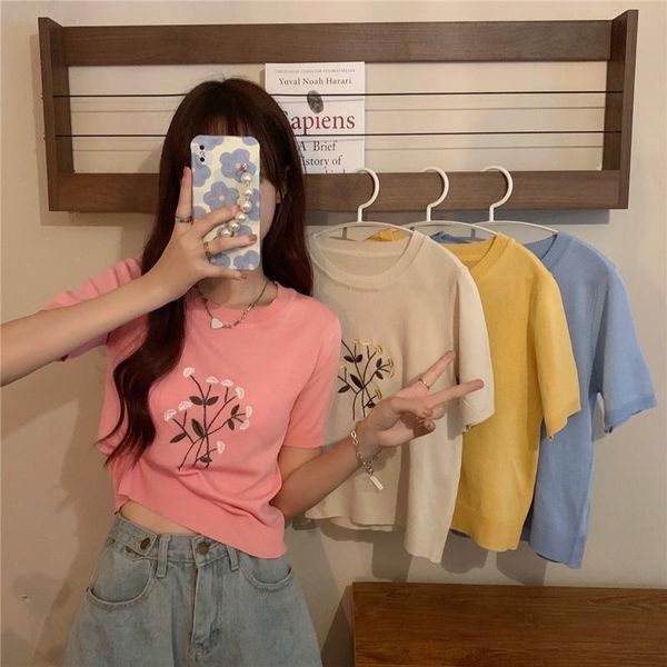 

women's blouses & shirts blouse floral embroidery round neck short-sleeved women summer casual korean style slim short knit sweater, White