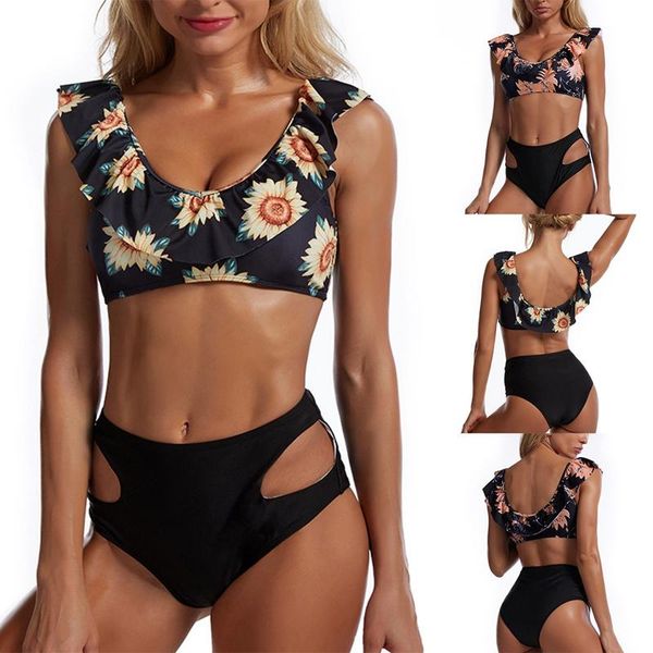 

women's high waist bikini print ruffle swimsuit 2 piece set swimwear, White;black
