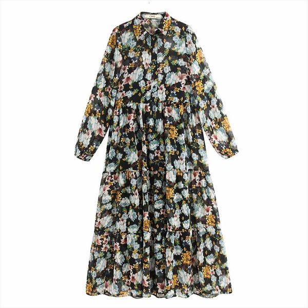 

spring lapel long sleeve loose womens tank thin skinny floral printed buttoned knee dress, White