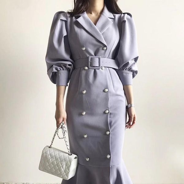 

casual dresses [ewq] 2021 autumn ladies notched collar chic pearl buckle lace waist puff sleeve bag hip fishtail mermaid dress women qb7521, Black;gray
