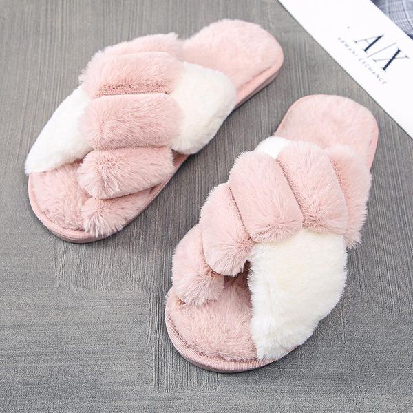 

kawaii winter house women fur slippers fashion cross band warm plush ladies fluffy shoes cozy open toe indoor fuzzy slides gifts, Black