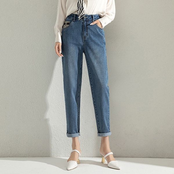 

2021 autumn fashion slim women's high waist elastic loose denim dad pants, Blue