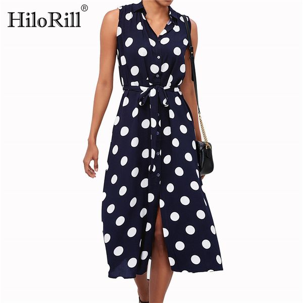 

polka dot dress summer beach bohemian button office lady casual turn-down collar midi shirt robe femme 210508, Black;gray
