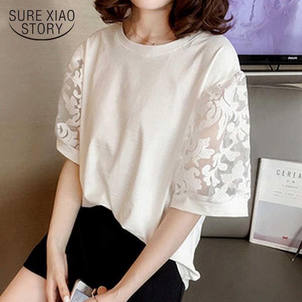 

sweet hollow mesh stitching t-shirt female short sleeve loose korean solid color bottoming shirt plus size women's 14059 210528, White